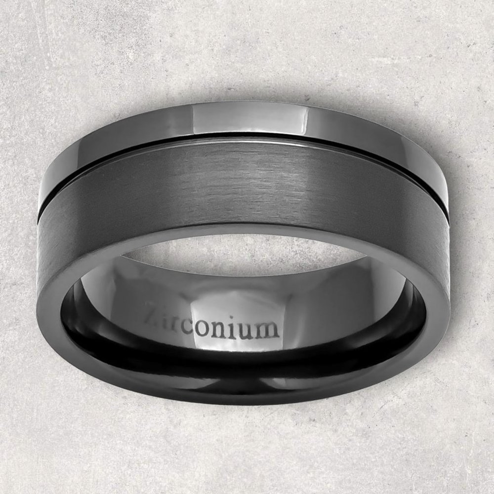 NOV9M®️ 8mm Zirconium Pipe-Cut Off Center Grooved Men's Wedding Band
